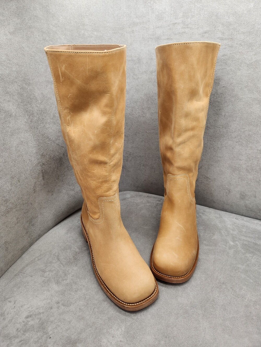 Steve Madden Knee High Boots 5.5 Tan Leather Riggs Biker Chunky Pull On New $200 - Picture 10 of 17